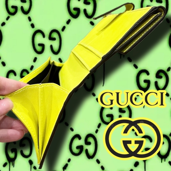 ⭐️Gucci Fluorescent Green/Yellow Supreme Neon Heart Monogram Wallet w Dust Cover - Picture 4 of 12